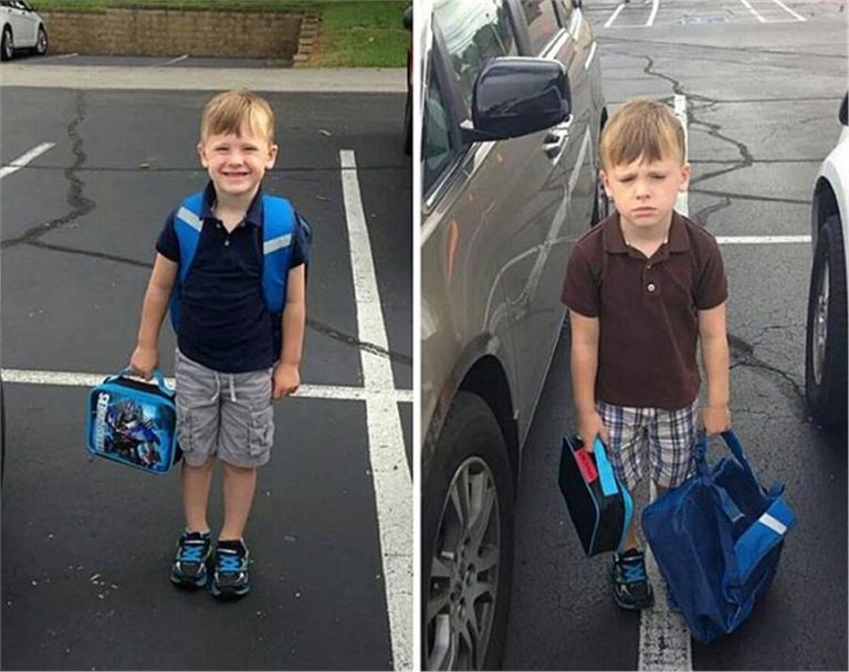 Αστείες φωτογραφίες παιδιών, πριν και μετά την πρώτη μέρα στο σχολείο | vita.gr