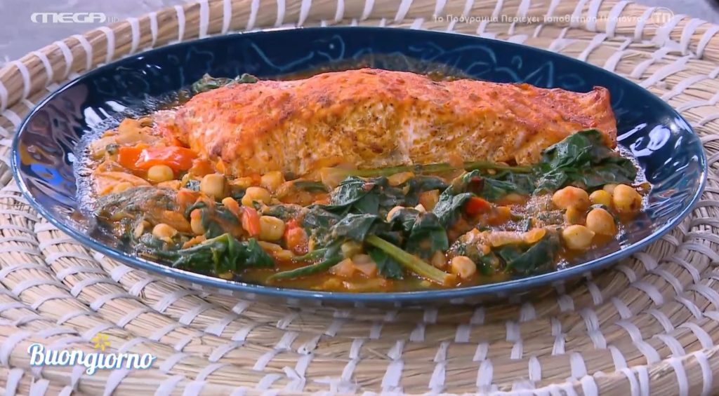 Σολομός με ρεβίθια, σπανάκι και κάρι